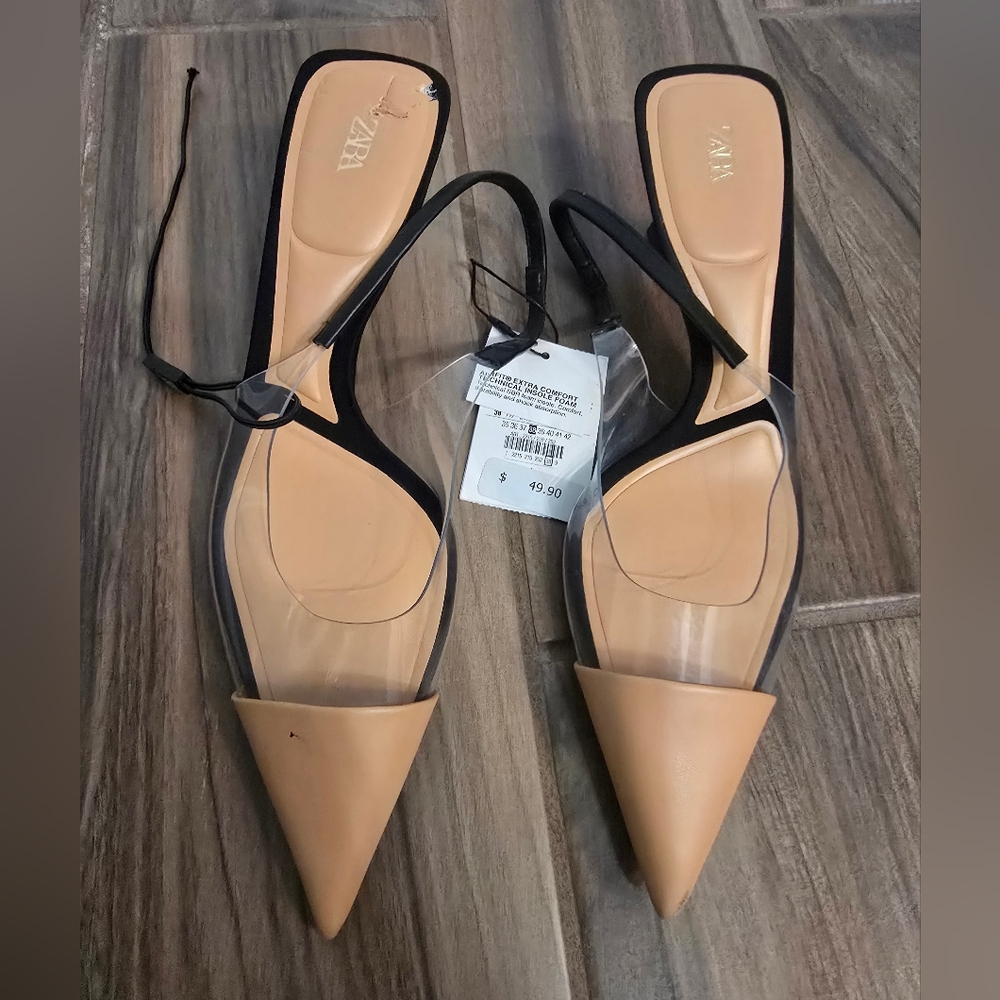 Zara NWT Women's Tan Black Slingback Kitten Heels Sz 8 RECENT STYLE!!